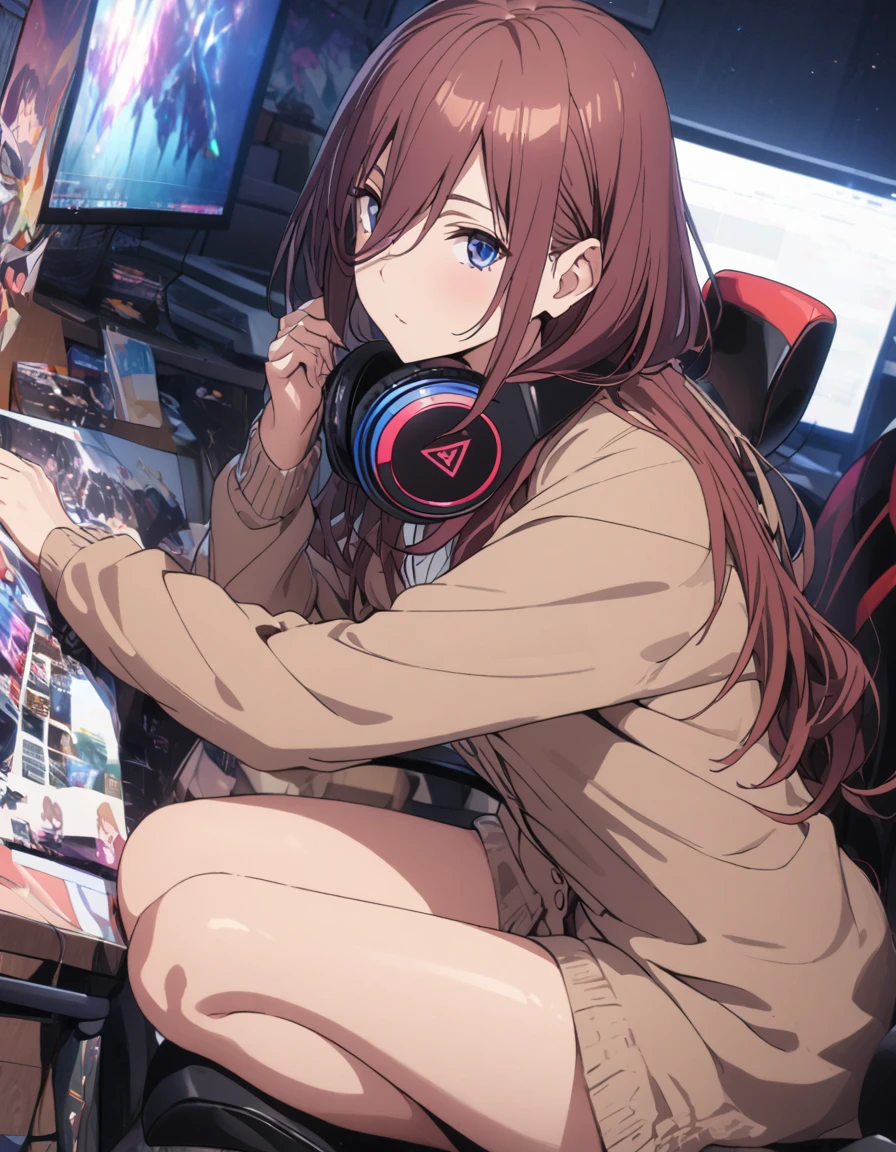 (A girl lounging in her bedroom), (a PC monitor turned on, a gaming chair), (a cluttered room), (fetal position), (perfect face), Sparkling, (masterpiece, best quality), (absurdres absolutely resolution), (8k), (detailed illustration), (super fine illustration), (professional lighting), (vivid color), detailed beatiful face, detailed beatiful eyes, detailed beatiful hair, perfect body, perfect hands, dynamic pose, dutch angle}, , looking at viewer, miku nakano, long hair, bangs, blue eyes, brown hair, shirt, hair between eyes, cardigan, headphones around neck, mature female, medium breasts