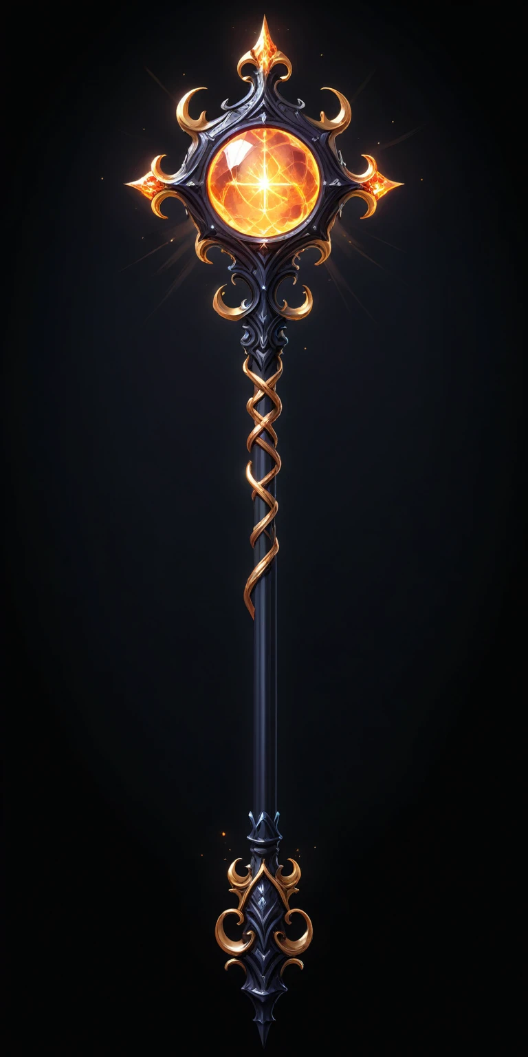 pixel art, cartoon illustration, Divine glavie greatstaff, Powerfull Magical theme, simple black background, RPG game icon