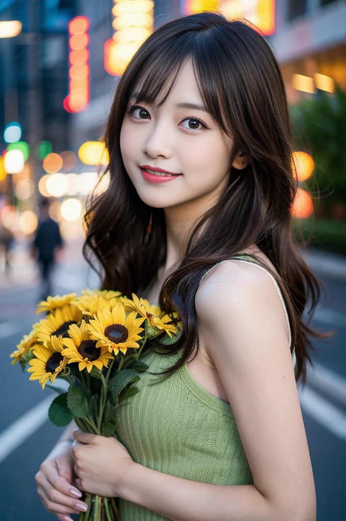 (8k, RAW Photos, highest quality、masterpiece:1.2), (Realistic、Realistic:1.37), Very detailed, High resolution, 1 girl, Laughter, View your viewers, dress, Beautifully detailed face、(Holding a bouquet:1.3),Beautiful and detailed skin、Skin Texture、Floating Hair、Professional Lighting,