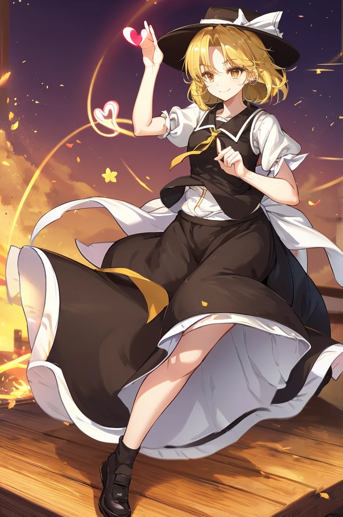 1girl, , , masterpiece, best quality, , medium blonde hair, forehead visible bags, yellow eyes, hat, heart, black headwear, puffy short sleeves, log black skirt, heart hads,,1girl, solo, yellow eyes, yellow hair, bow, hat bow, socks, black footwear, black skirt, short sleeves, yuki (touhou), black vest, white sleeves, frill skirt, light smile