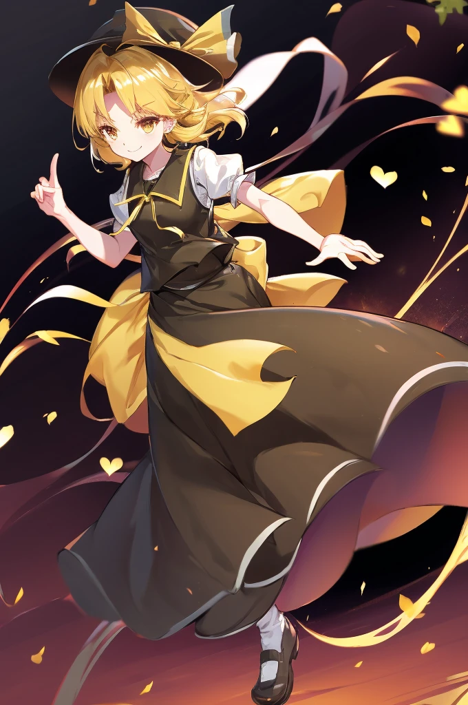 1girl, , , masterpiece, best quality, , medium blonde hair, forehead visible bags, yellow eyes, hat, heart, black headwear, puffy short sleeves, log black skirt, heart hads,,1girl, solo, yellow eyes, yellow hair, bow, hat bow, socks, black footwear, black skirt, short sleeves, yuki (touhou), black vest, white sleeves, frill skirt, light smile