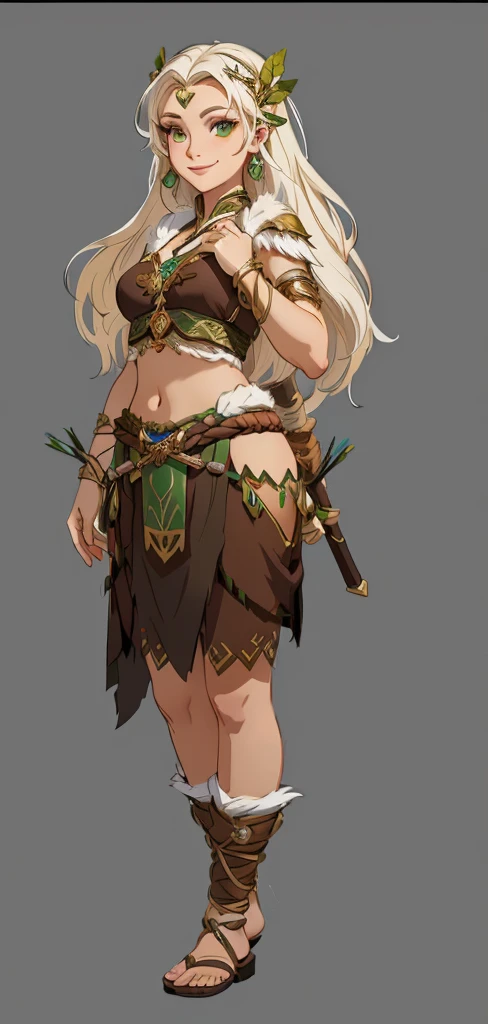 Close-up of a woman in tribal clothing,Tribe Princess, Happy smile,role playing game (RPG) concept art character, Created by senior character artists, forest hunter lady, Beautiful full body concept art, kushatkrentz women in critical art, Character Design Art, Fantasy character design, role playing game角色艺术, Fantasy Character Art, female forest archer, Detailed full body concept art, Detailed character art,Realistic style