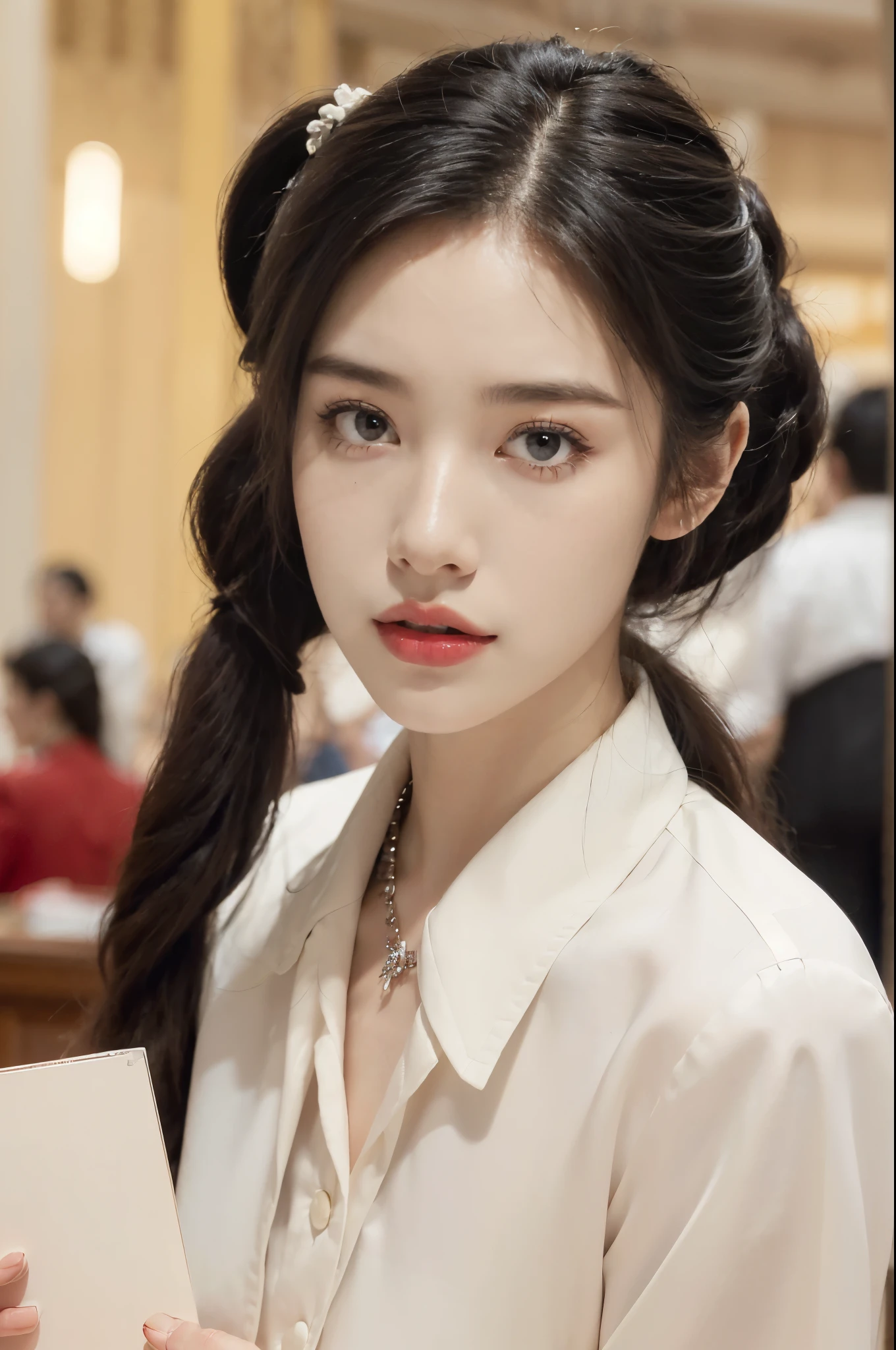 ((((8k))),((Extremely meticulous CG)) ,(wallpaper),16k,((Extremely refined and beautiful)),(((Masterpiece))),(((best qualtiy))),(((Ultra High Resolution))),beautiful light up,Perfect lightning,realistic shaded,(Smooth and flawless skin:1.5),(Extremely exquisite facial details:1.2),(perfect body:1.2),(ultra-detailed),((A beautiful girl,solo)),(small head:1.2),(pale skin:1.3),(short ponytail:1.3),(small face:1.2),(baby face:1.3),(glasses:1.2),(Exquisite makeup:1.2),(red lips:1.2),(parted lips:1.2),(small breasts:1.3),(flat chest:1.2),(cleavage:1.2),((slim,thin)),(disgusted expression:1.5),(short sleeves:1.2),(crystal necklace:1.2),(collared white uniform shirt:1.5),(black miniskirt:1.3),(indoor:1.3),(summer:1.3),(detailed background:1.5),(standing:1.3),(close-up of face:1.3),(from front:1.3),(day scene:1.5),(In a luxurious Hall:1.5),(bright and vivid colors:1.3),(surrounded by crowded crowds:1.3),Exchange, stock, trading floor, bustling, vibrant, large open space, polished floor, high ceilings, monitors, real-time market data, phones ringing, traders talking, efficient operation, trading desks, brokers booths, senior staff offices, equipped computers, telephones, raised platform, pit, brokers, dealers, activity, hushed tones, personnel, roles, responsibilities, traders, suits, monitoring screens, market movements, brokers, negotiation, clients, dealers, execution, efficiently effectively, organized space, buying selling stocks
