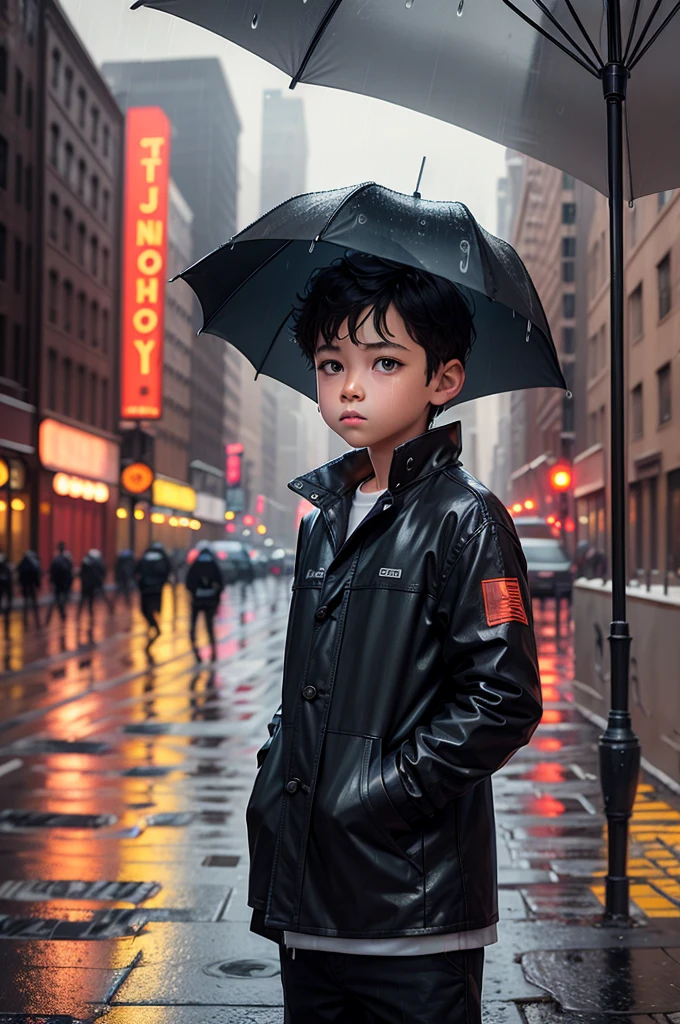 Boy in the newyork , rain ,8k ,microdetail