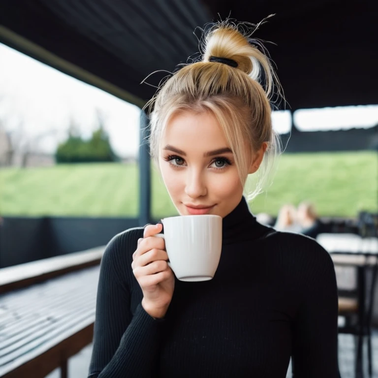 an eye contact of a blond with bun hair and dark theme , cute pose , drink tea in morning big house background