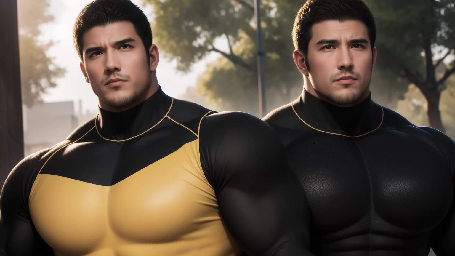 Super muscular man hugging, Open your mouth and scream,Look at each other affectionately,They embrace affectionately,short hair,On a vintage outdoor street under the hot sun, Wear long sleeves, Deep turtleneck bodysuit, Thickened warm elastic texture,The clothes are dirty,There are mud stains,The expression is arrogant, Thick thighs, messy hair, Thick thighs, High-necked long-sleeved dark yellow high-necked tights, very tight, Regular symmetrical pattern, Highlight muscles, Police uniform pants, character concept(Resident Evil - chris redfield, chris redfield)A proud expression, Deep and charming eyes, Valiant male pose, tall Burly, muscular!muscular thighs, Tough Guy, Perfect facial features, High, Burly, Heqiang, Super exquisite and cool, High Resolution Committee, Attractive, The sun is blazing, Dazzling
