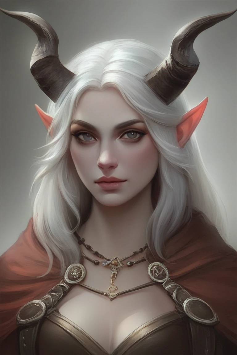 A highly detailed Pathfinder portrait of a female tiefling warrior magus. She wields both magic and a sword, exuding an aura of power and mystique. Her white hair flows beneath a hood, framing her dark and mysterious face. Two prominent horns curve from her forehead, adding to her enigmatic presence. She is cloaked in a hooded garment that combines elements of armor and arcane robes, symbolizing her dual mastery of swordsmanship and magic. The background is shadowy, with hints of an arcane landscape, enhancing the overall dark and powerful atmosphere of the scene.