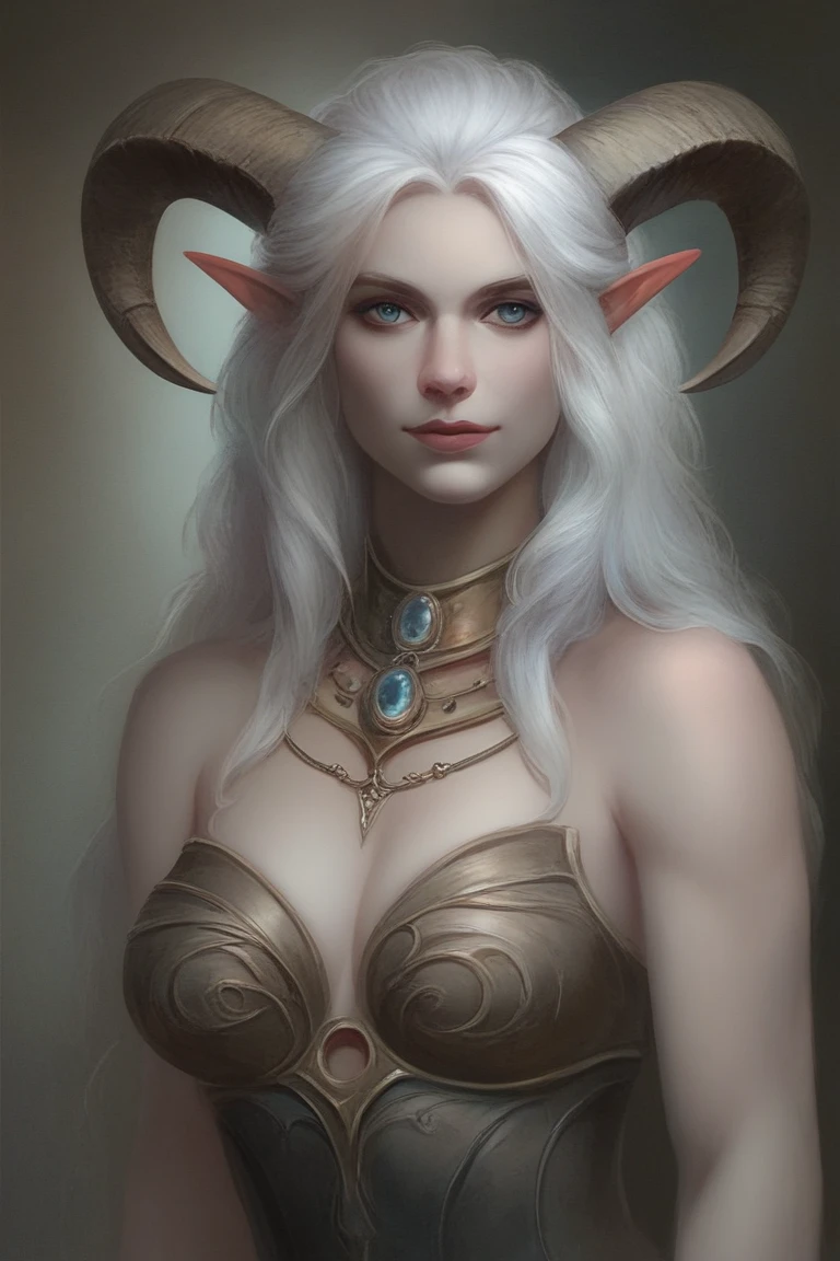 A highly detailed Pathfinder portrait of a female tiefling warrior magus. She wields both magic and a sword, exuding an aura of power and mystique. Her white hair flows beneath a hood, framing her dark and mysterious face. Two prominent horns curve from her forehead, adding to her enigmatic presence. She is cloaked in a hooded garment that combines elements of armor and arcane robes, symbolizing her dual mastery of swordsmanship and magic. The background is shadowy, with hints of an arcane landscape, enhancing the overall dark and powerful atmosphere of the scene.