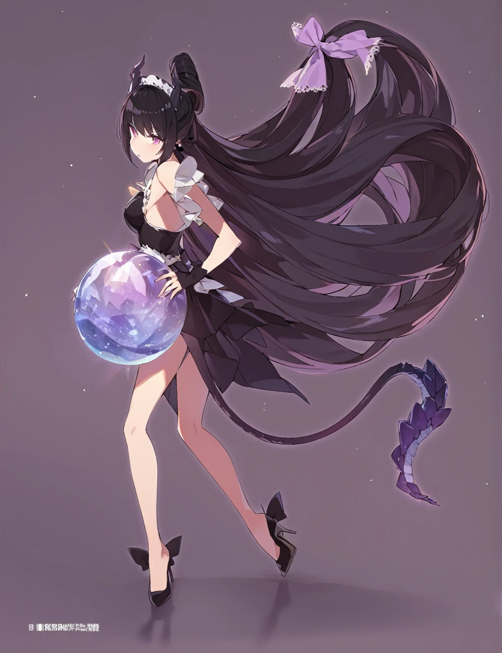 A woman in a black maid outfit black hair very long hair、Updo Have a big crystal ball Princess hairstyle Full body black Adult woman with dragon horns and tail