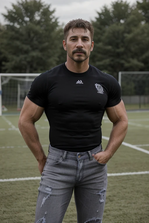 (((Muscular man))) masterpiece, best quality, high resolution, closeup portrait, male focus, solo focus, A man, 50 years old, grey hair, soccer player, football player, grey silver hair, messy hairstyle, cute and seductive face, bare chest, body hair, facial hair, roman nose, , hairy legs, cute, dimples, goatee and mustache, bold jawline , full body, sweaty, in the background an outdoor soccer football field, amazing composition, , HDR, ultra quality, elegant, highly detailed,, beautiful asd, realisric male genitalia (((Big muscles))) (((black jeans)))