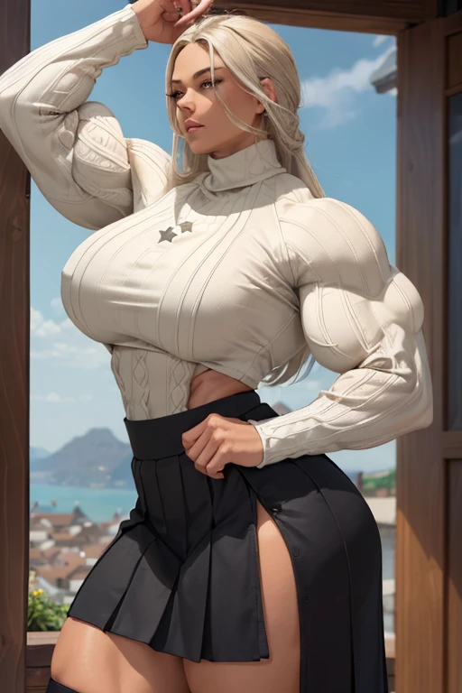 ((((Massive tall, beautiful, buff, light brown skinned muscular woman with white hair, ginormous bulky muscles and wearing a beautiful black long-sleeved turtleneck sweater with a beautiful pleated skirt)))), (close view), (massive muscles), long straight hair, ((chained belt)), blue eyes, choker, ((black turtleneck sweater)), (beautiful pleated skirt), belt, black boots, (in the star filled beautiful village), closed smile, night, ginormous muscles