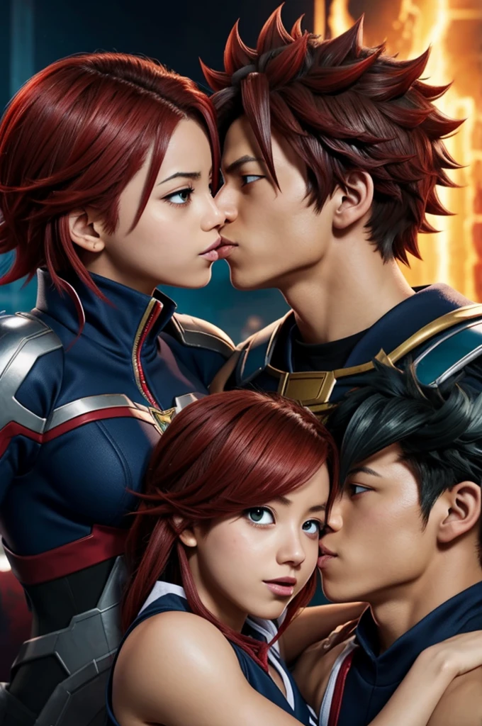 Captura de pantalla Boku no hero academia,chica hermosa de pelo rojo ojos color oro,a dragon behind while he kisses tamaki