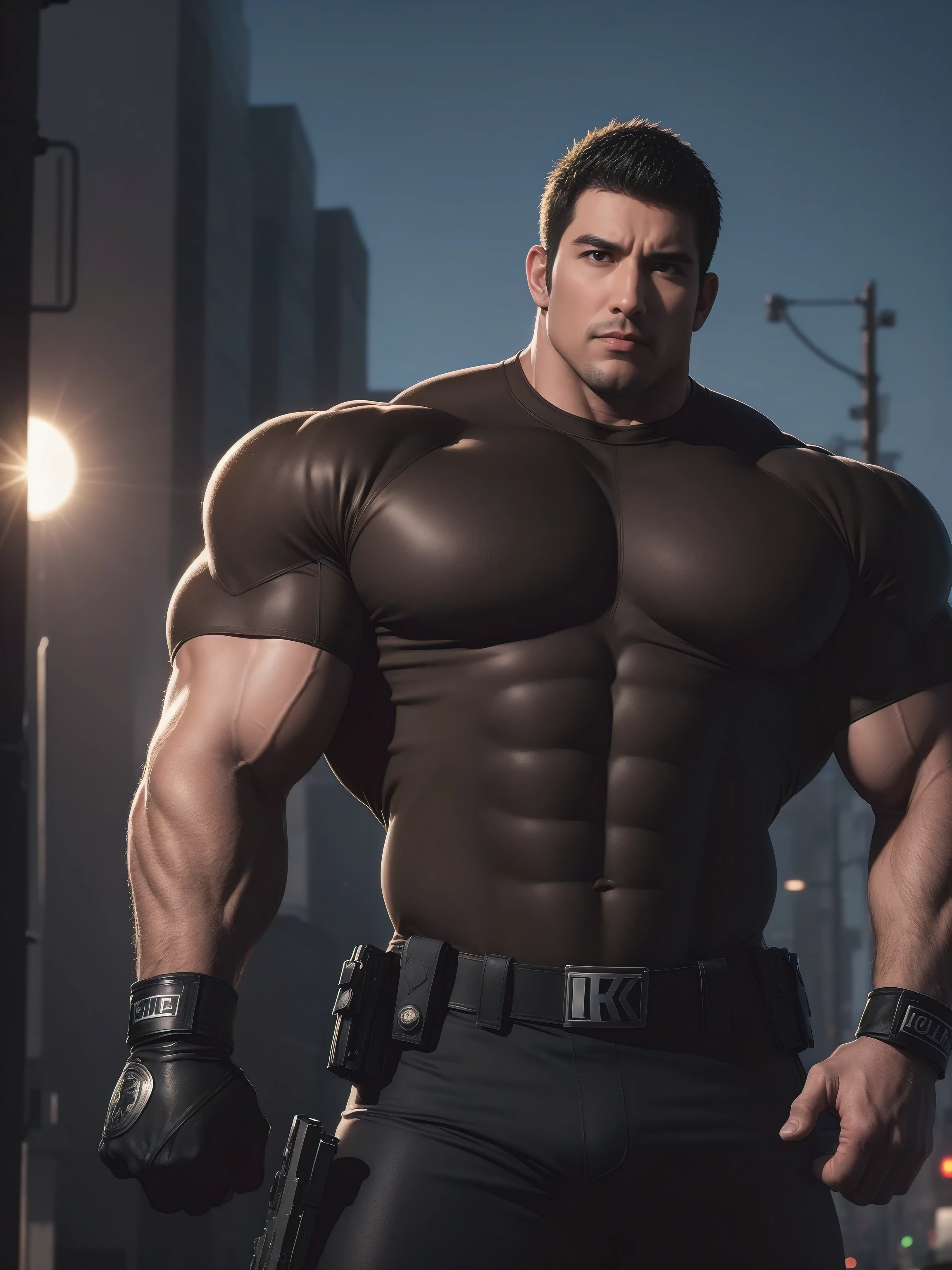 One Tall giant muscular police officer, outdoors on the street, Brown Superhero Bodysuit, The expression is arrogant, Lift your chin, messy hair, Thick thighs, Brown Superhero Bodysuit, very tight, Regular symmetrical pattern, Highlight muscles, Police uniform pants, character concept（Resident Evil - chris redfield, chris redfield）A proud expression, Deep and charming eyes, Valiant male pose, tall Burly, muscular！muscular thighs, Tough Guy, Perfect facial features, High, Burly, Heqiang, Super attractive and cool, High Resolution Committee, Charismatic strongman, The sun is blazing, Dazzling