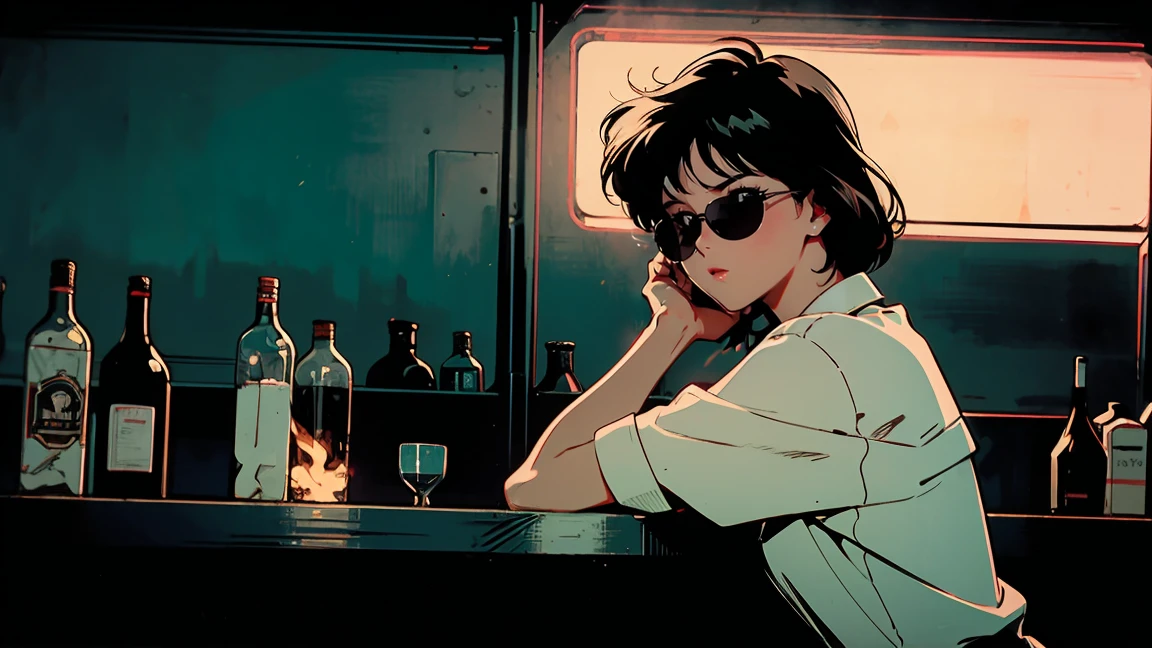 Bar counter at night, Beautiful Asian Girl, Night view from the window, Perfect Face, sunglasses, Smoking white Taylormade cigarettes, Neon Black, (Backlight: 1.1), masterpiece, highest quality, Complex, Model shooting style, Vintage, Film Grain,