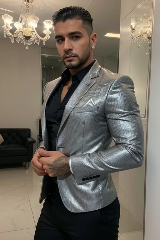 Foto real beleza masculina moda roupa preta moderna glamour luxo show alta costura homen latino atletico pedrarias brilho 