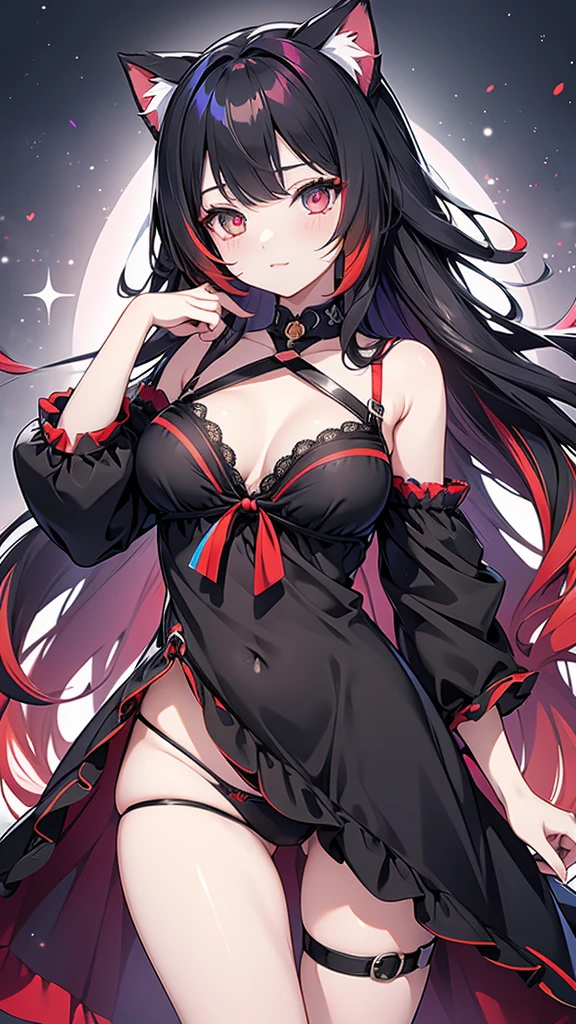 Anime girl
Black long wavy multicolored_hair(rainbow gradient hair)
Red colored eyes
Cute
Sexy girl
Solo girl
1 girl
Beautiful breasts
Wearing cat keyhole lingerie 