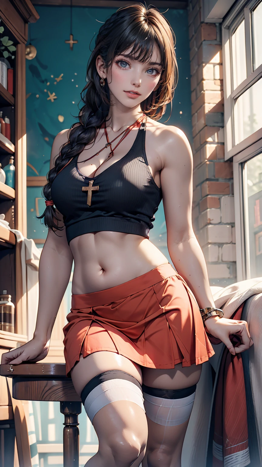 24-year-old female、Braid your hair loosely and let it flow over your shoulders、Sexy proportions、Wear a cross halter top、Cleavage Emphasis、I can see my belly button、Wear a micro mini skirt、Thighs exposed、Wear knee socks、Wear sneakers、smile、