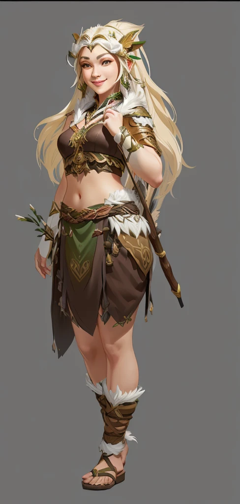 Close-up of a woman in tribal clothing,Tribe Princess， Happy smile，role playing game (RPG) concept art character, Created by senior character artists, forest hunter lady, Beautiful full body concept art, kushatkrentz women in critical art, Character Design Art, Fantasy character design, role playing game角色艺术, Fantasy Character Art, female forest archer, Detailed full body concept art, Detailed character art，Realistic style