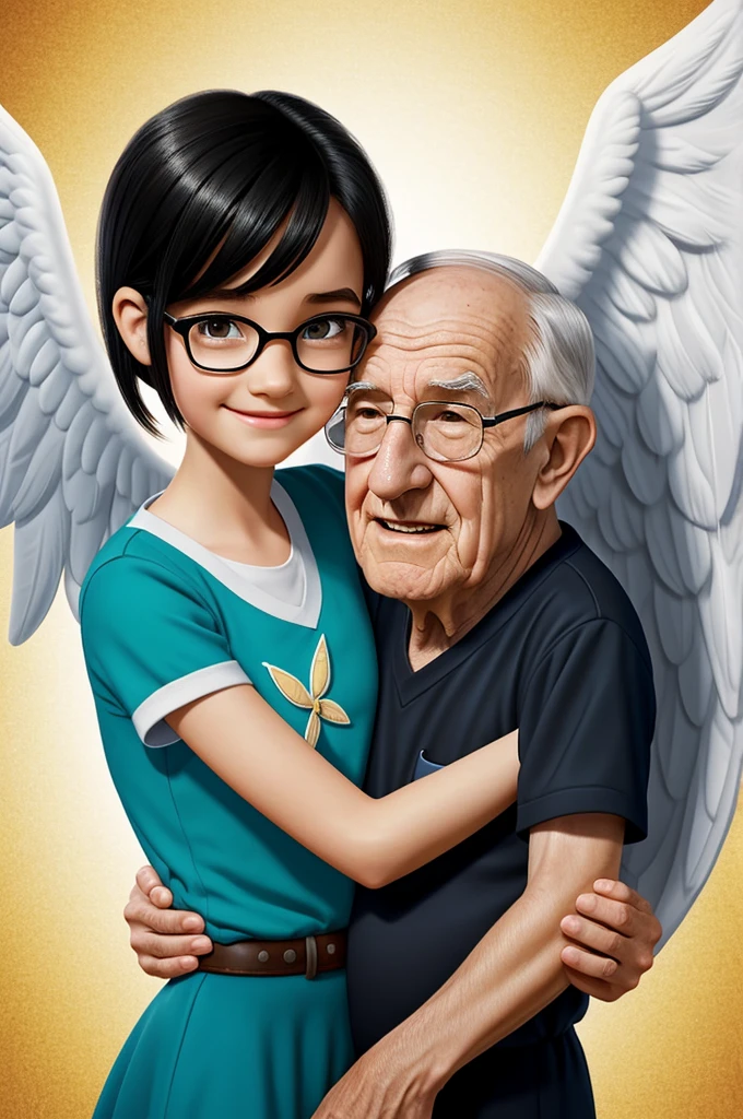 Pixar character style image of 11 year old girl with black hair hugging her 80 year old grandfather with glasses and angel wings 