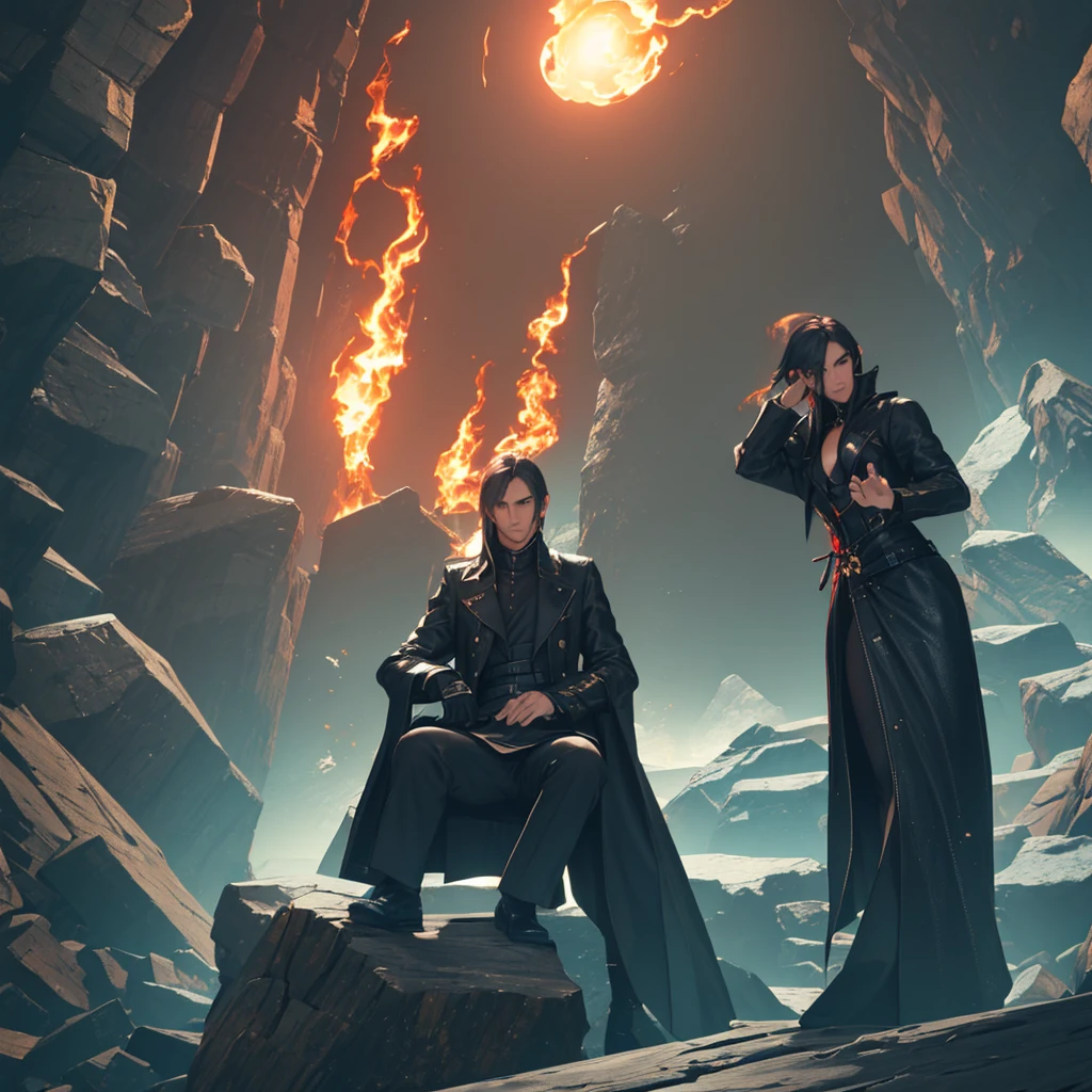 Handsome guy, in a black jacket, is sitting, nobleman, on a beautiful chair, sitting, raises his hand, black magical fire burns on it, natural soft light, there are two girls behind the guy, Oda girl in a red dress, beautiful, Beautiful, the second one in a blue dress, one girl has lilac hair, 8K, fantasy art, epic art, concept art wallpaper 4K, deep color,