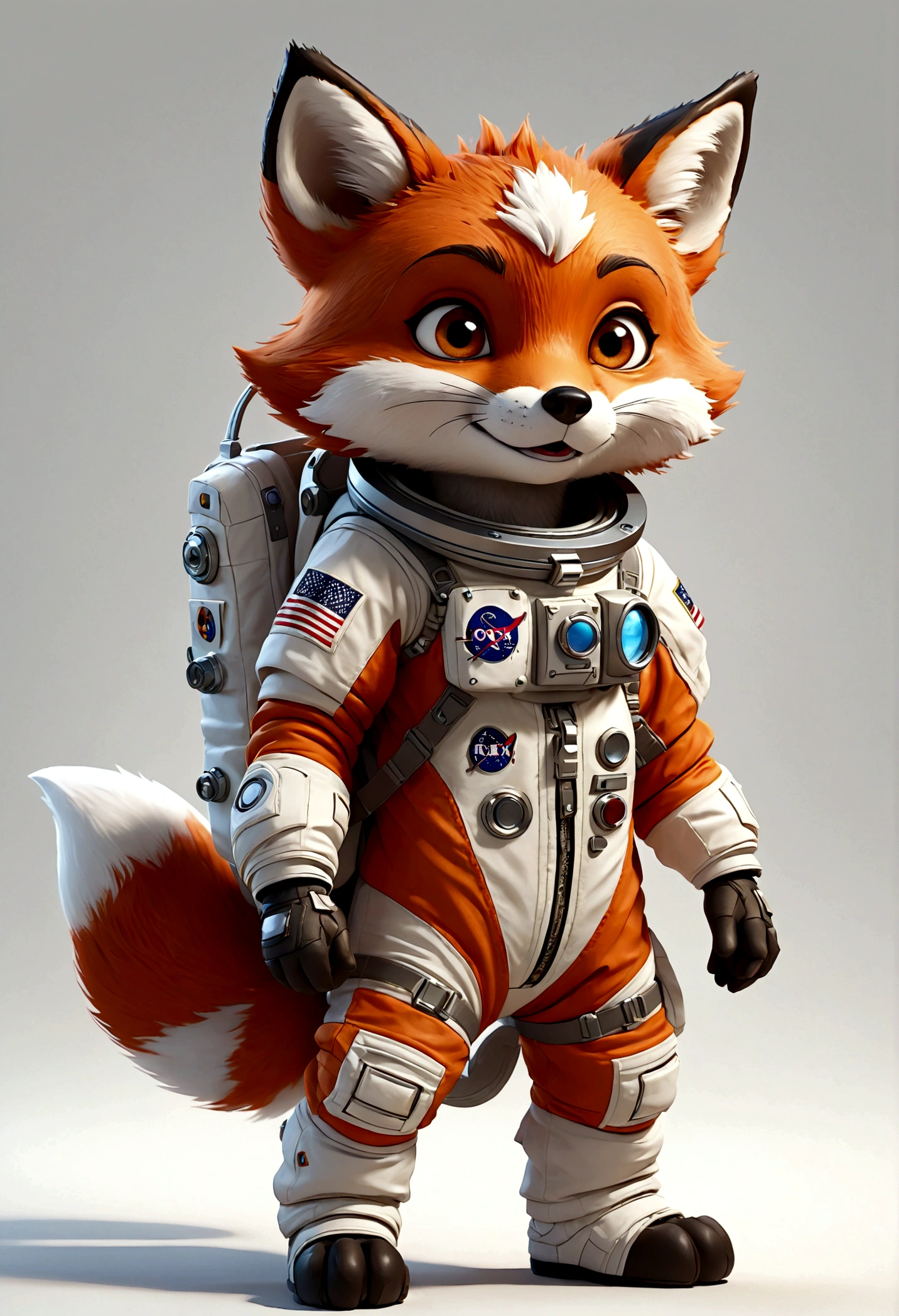 cute anthropomorphic little fox character, Astronaut outfit, multiple poses and expressions, 4 poses, full body, character design, highly detailed, digital art, cinematic lighting, white background, sharp,look forward