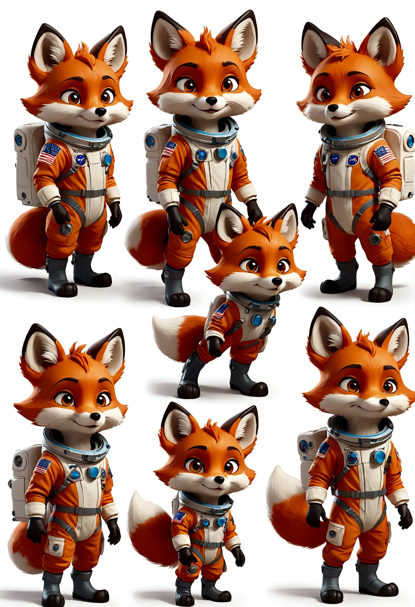 cute anthropomorphic little fox character, Astronaut outfit, multiple poses and expressions, 4 poses, full body, character design, highly detailed, digital art, cinematic lighting, white background, sharp,look forward