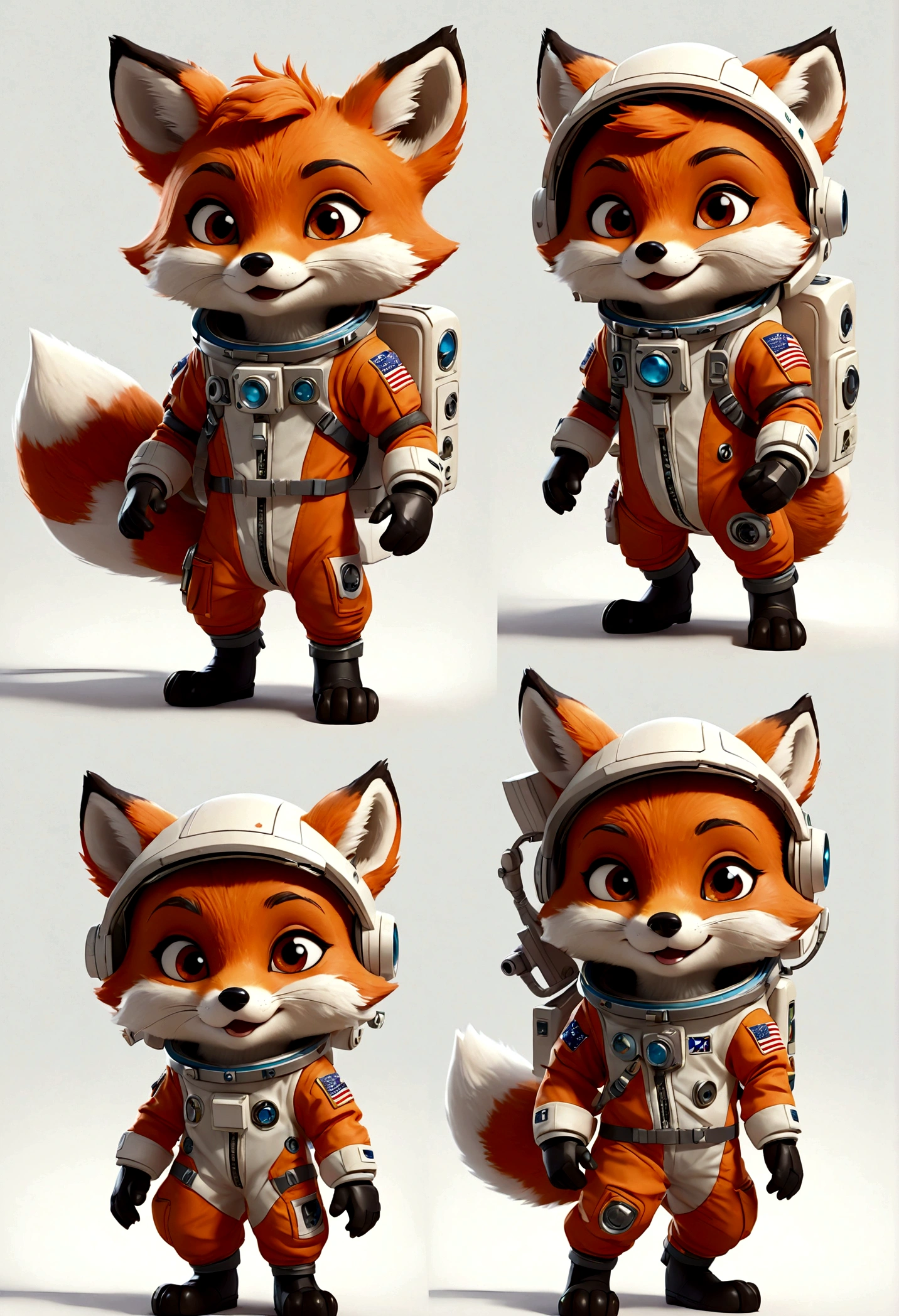 cute anthropomorphic little fox character, Astronaut outfit, multiple poses and expressions, 4 poses, full body, character design, highly detailed, digital art, cinematic lighting, white background, sharp,look forward