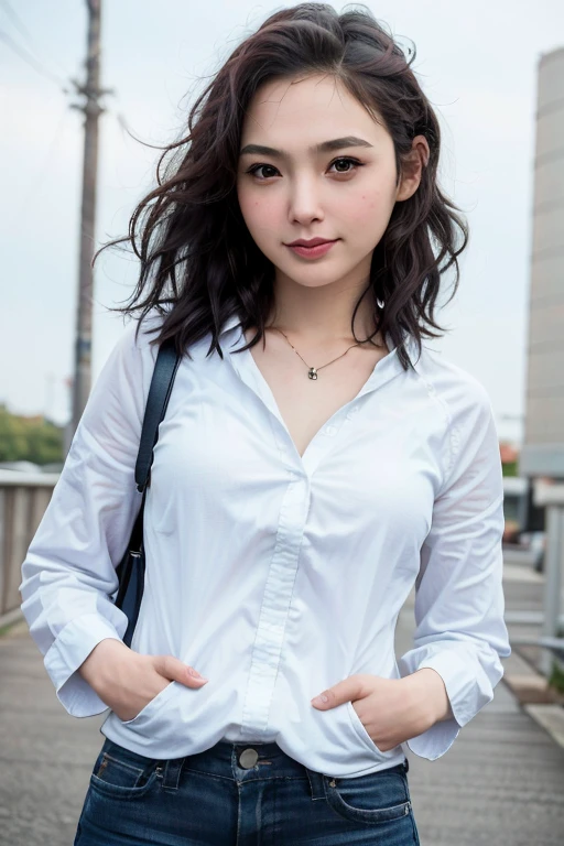 masterpiece, beautiful, a Japanese woman with smile, realistic, cosplay セーラー服 as high school girl, curly black short hair, realistic skin
