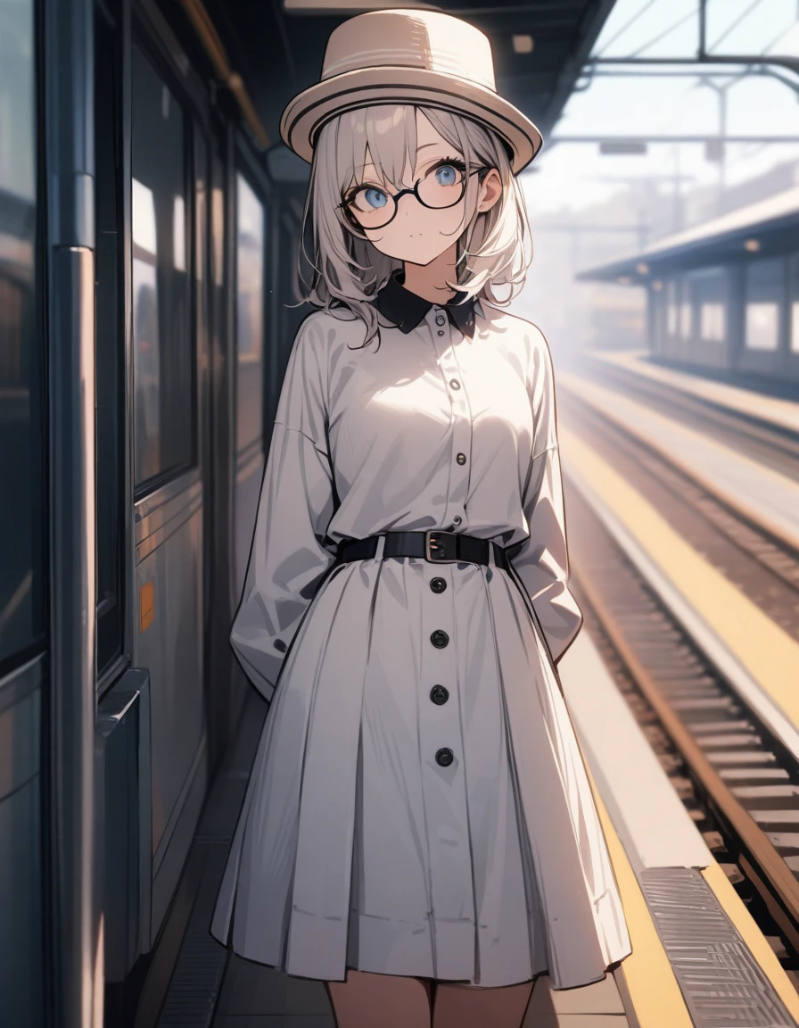 One girl, Ten-gallon hat，highest quality，so beautiful，Station platform，leaning，masterpiece，student，Glasses