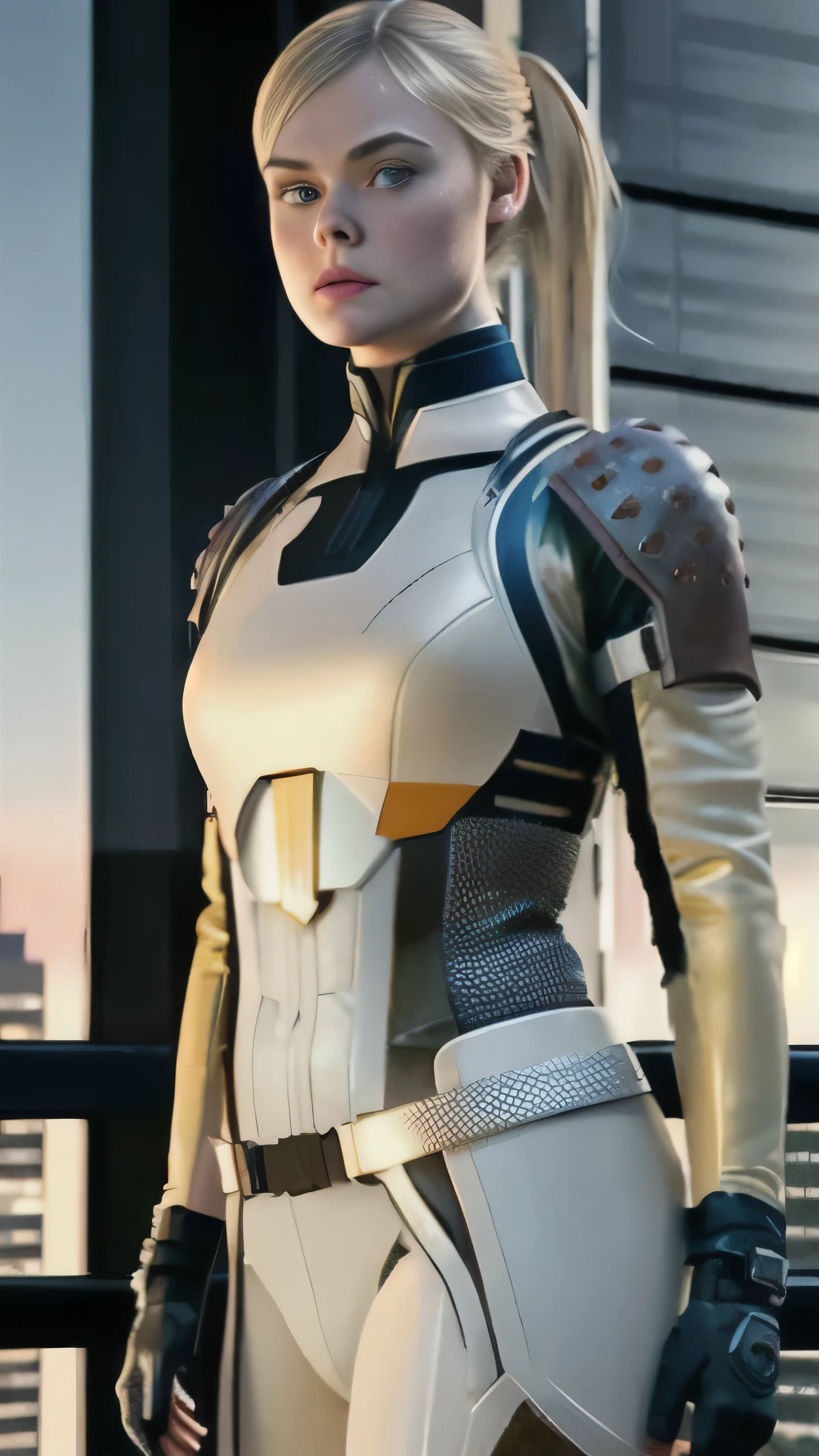 (Elle Fanning) as Cassie Cage from Mortal Kombat, blonde hair, ponytail, brown eyes, fingerless gloves, armor, bodysuit, standing, on a rooftop bar at night, standing, 1woman, solo, full body view, front view, looking at viewer, intricate, high detail, sharp focus, dramatic, photorealistic painting art by greg rutkowski