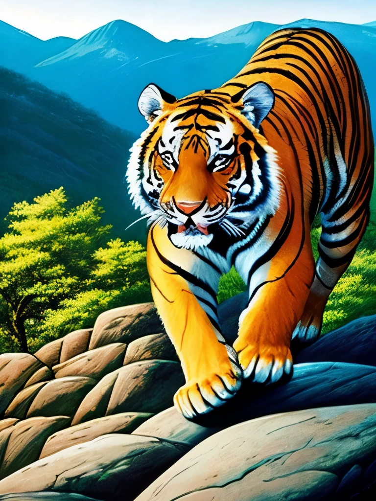 painting of a tiger running on a rock with a mountain in the background, ((tiger)), by Joe Jusko, tiger_beast, by Bob Eggleton, majestic!!! beautiful!!!, a tiger, tiger, by Carlos Berlanga, by Ignacio Zuloaga, ultra realistic!!!, by Li Kan, by Min Zhen, strong and ferocious