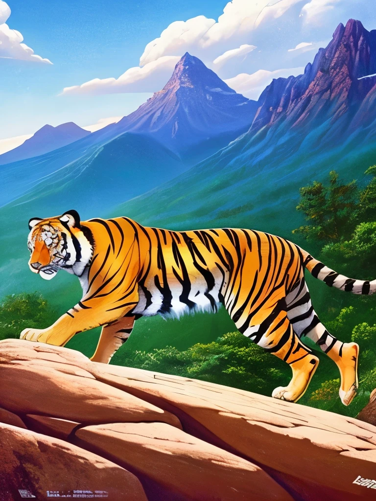 painting of a tiger running on a rock with a mountain in the background, ((tiger)), by Joe Jusko, tiger_beast, by Bob Eggleton, majestic!!! beautiful!!!, a tiger, tiger, by Carlos Berlanga, by Ignacio Zuloaga, ultra realistic!!!, by Li Kan, by Min Zhen, strong and ferocious
