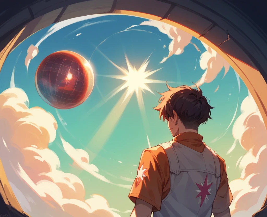 At twilight just after sunset,Below me are clouds that are bathed in sunlight and turn orange.,Futuristic mirror ball in the center of the image,The upper right corner of the sphere shines brightly.,There are rays of light radiating out.