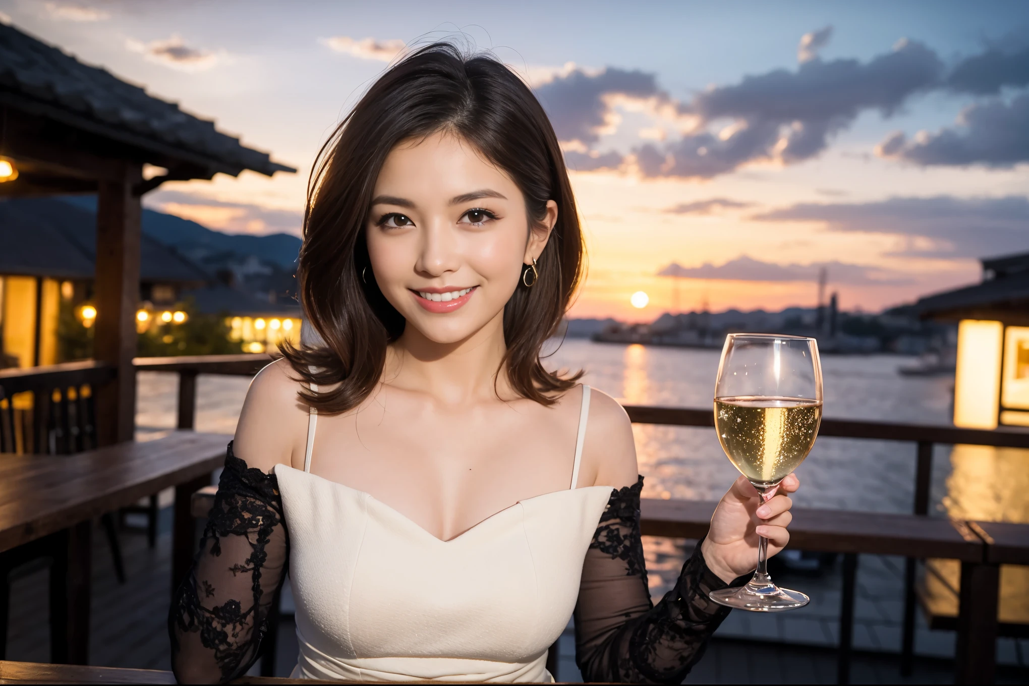 ((highest quality、8k、masterpiece:1.3))、1 male、1 female、spouse、I really like it、Beautiful couple、The body is slim、テーブルの上のwine glass、Facial Lighting、full-course dinner、 Amazing view of the sunset sky and clouds、A bright smile、The wonderfulness of smile、Bright image、Beautiful Face, short hair,Bright Face、 (43 years old), 39 years old, red wine 、Appetizers、Italian food、Wine bottle、Champagne、sparkling wine、Two beauties、Brown Hair、Shortcuts、Long sleeve shirt、dress、Pretty Woman 1, (slimな顔), (The body is slim), (Brown Hair), (Shortcuts), cheeks turn a little red,Attractive beauty、restaurant, In a prominent place (From the waist up) Nova Frog Style, actress, model, Upper Body, White wine, slim, wine glass, 中央に置かれたwine glass, smile, (smile: 1.15), Beautiful fine grain, Depth f/2,saturation, High Contrast, Strong light and shadow,Moist Body:1.5、3D texture、Delicate eyes、Brown Hair、The hair is very shiny、