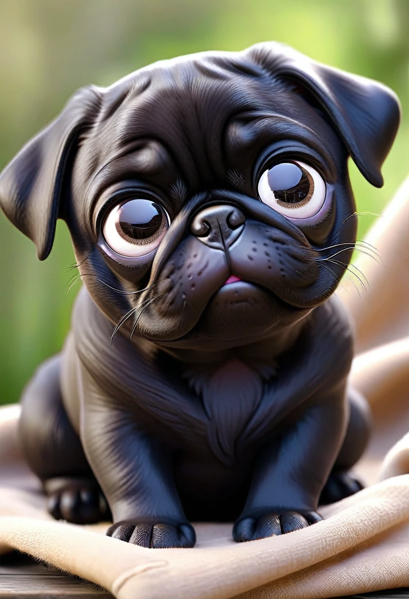 A black-coated pug puppy、(((Frightened face:1.3)))、(Black hair only:1.3)、(No clothes:1.3)、pet Shop、(No collar)