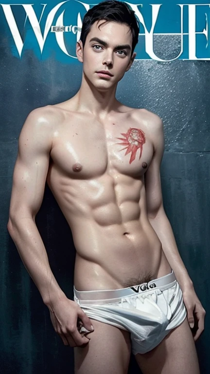 JIM PARSONS, injury bloody face and body after fight concept, shirtless and sexy wet body, tight white underwear, sexy underwear, (vogue magazine cover:1.4), best quality, masterpiece, very aesthetic, perfect composition, proporsional, intricate details, ultra-detailed, hairy pubic, pierce and tattoos, ethnic style, happy look