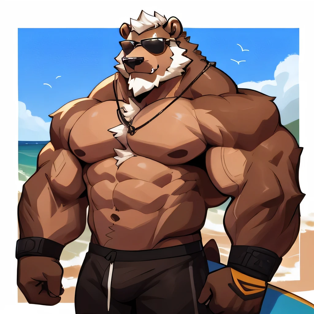 solo, 1boy, Huge Muscular Old Grizzly Bear wearing sunglasses, pectoral, huge pectoral, wide pectoral, short white hair, black swim trunks short black wristbands and shirtless topless, bearded, Moustache, surf board, background, masterpiece, high detailed, 8k, high resolution, horizontal, at the beach, surfing the waves,