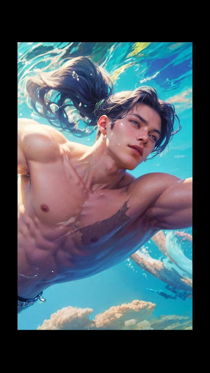 1 male, (male model) hot skin, masterpiece, top quality, most handsome man in the world, by Tham Quan, perfect body, beautiful male model, attractive male lead 20- 25 perfect age, white hair, summer, sea water, blue sky, white clouds, solid and handsome young man in transparent white shirt, transparent white fabric, off-shoulder jacket, exposed  muscles, thigh gap, ((transparent black briefs exposed)), (male focus), (smooth body)), smile, super cute, dynamic pose, cool and seductive, dramatic lighting , full body shot, full body shot, young face, full body, hairless body, tall and thin, fit body, famous, white or fair skin, young face, toned body, Hd, Natural skin tones, soft lighting, High detail, Audience view, photography, Detailed skin, real people, realism, Realistic optics, Crazy details, Face details, Maximum magnification , Exaggerated Surrealism , film , tele , light intricate detail , High Detail , High Detail , Digital painting , artstation , concept art , smooth focus , sharp , illustration , Unreal Engine 5, 8K, art by Ross Tran and Greg Rutkowski and Alphonse Mucha, UHD, 8k, Men's screen only .8k Ultra HD, DSLR, low light, high quality, film grain, Fujifilm XT3, men's fan , 2-person model, two people.