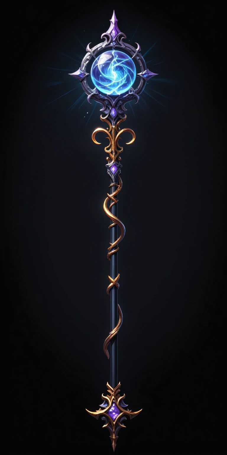 pixel art, cartoon illustration, Divine glavie greatstaff, Powerfull Magical theme, simple black background, RPG game icon 