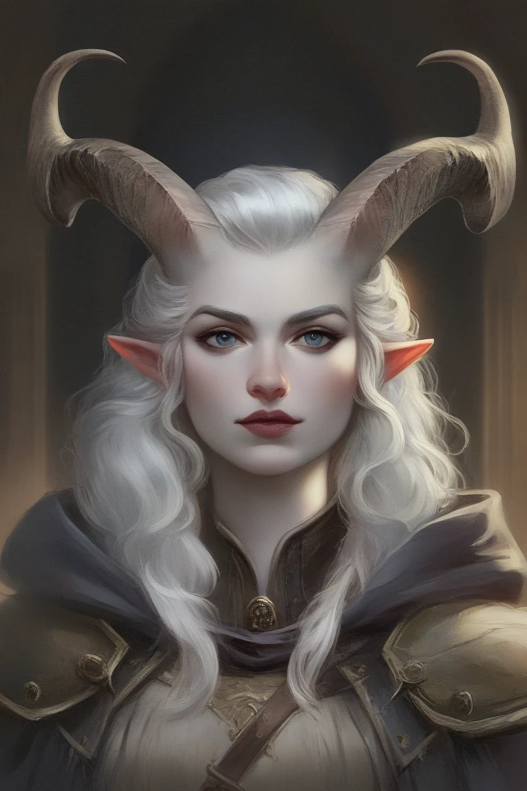 A highly detailed Pathfinder portrait of a female tiefling pony warrior magus. She wields both magic and a sword, exuding an aura of power and mystique. Her white mane flows beneath a hood, framing her dark and mysterious face. Two prominent horns curve from her forehead, adding to her enigmatic presence. She is cloaked in a hooded garment that combines elements of armor and arcane robes, symbolizing her dual mastery of swordsmanship and magic. The background is shadowy, with hints of an arcane landscape, enhancing the overall dark and powerful atmosphere of the scene