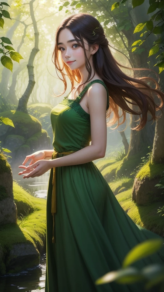 1girl, serene, standing, [lush greenery, vines, flowers:1.0], looking down, gentle eyes, warm smile, slender fingers, green dress, flowing hair, natural scenery, calm background, misty atmosphere, peaceful, serene, soft light, [leafy aura], glows soft green color on skin, hands near plants
