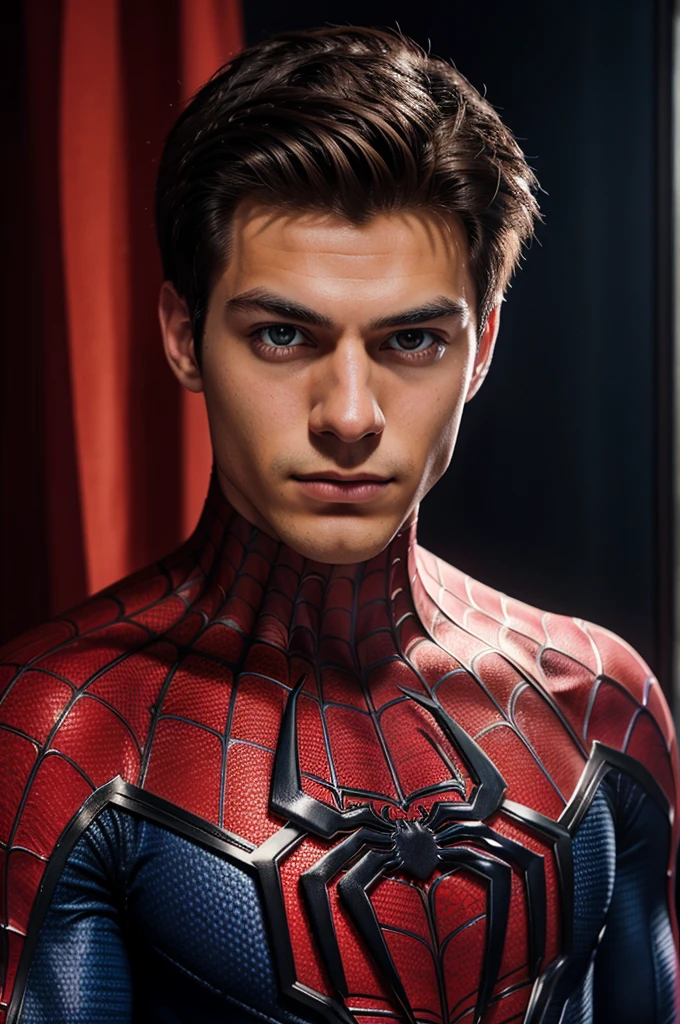 A photograph of spider man, no mask, 20 yo, handsome, detailed face, looking at camera, portrait, 8k uhd, high quality
