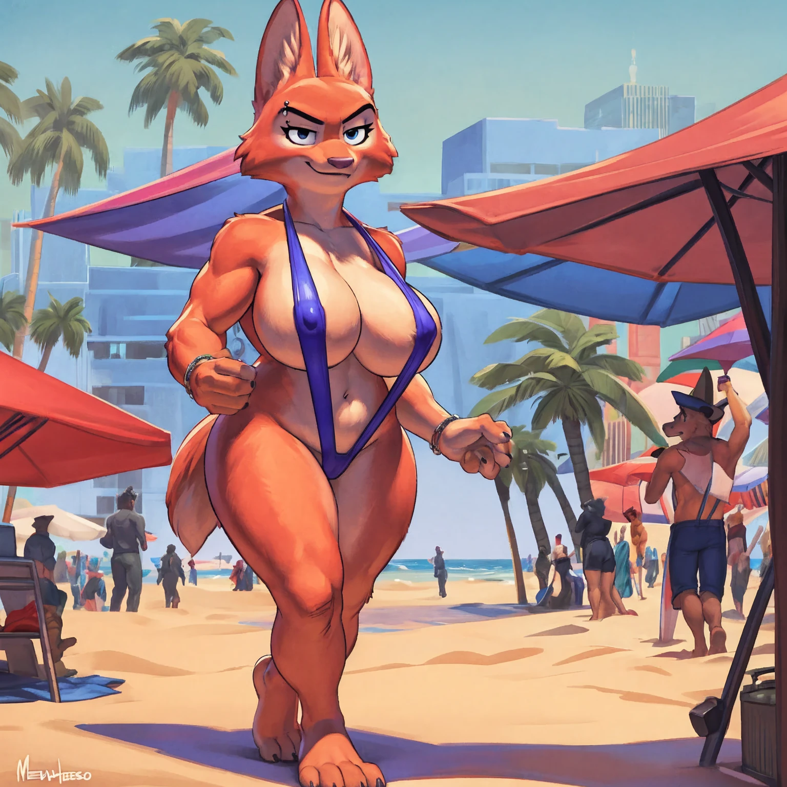 8K, ((masterpiece)), ((stunning artwork)), (carefully drawn), (highly detailed), solo, alone, uploaded to e621.net, solo, by meesh, by darkgem, by wfa, by kevinsano, diane foxington, eyebrow piercing, female, detailed eyes, perfect eyes, (huge breasts:1.2), nipple outline, (sling bikini:1.5), standing upright, older woman, milf, short, curvy, thick, bare midriff, bare feet, standing on sand, walking toward viewer, smiling, tail, beachside, venice beach, los angeles, sunny day, brightly lit, standing upright, casual posture, crowded, figures in background