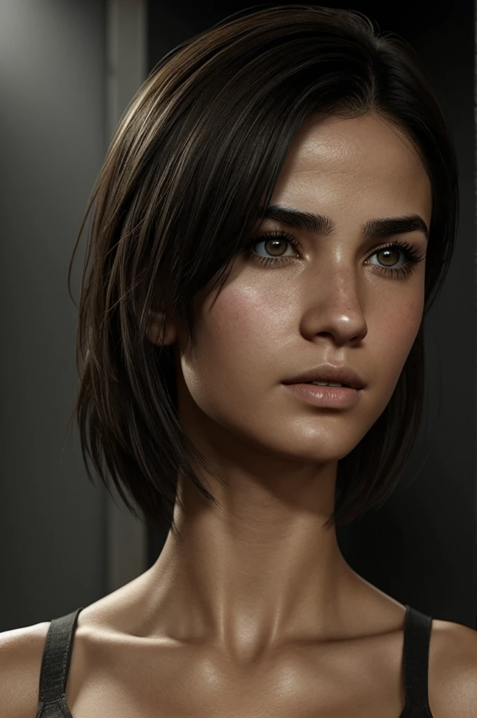 You can generate the image of a character from Call of Duty Modern Warfare 2 with the following characteristics: a girl with a dark haircut up to her collarbone., Brown eyes, labios gruesos y nariz con algunas pecas, who looks about 23 years old