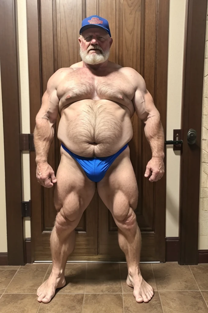intricate details, high definition, full body, standing, mature old man, grandpa, virile, tough, fat, plump, bulging muscles, massive feet, hairy, scruffy, pale skin, ginger, southern american, micro thong, maga cap