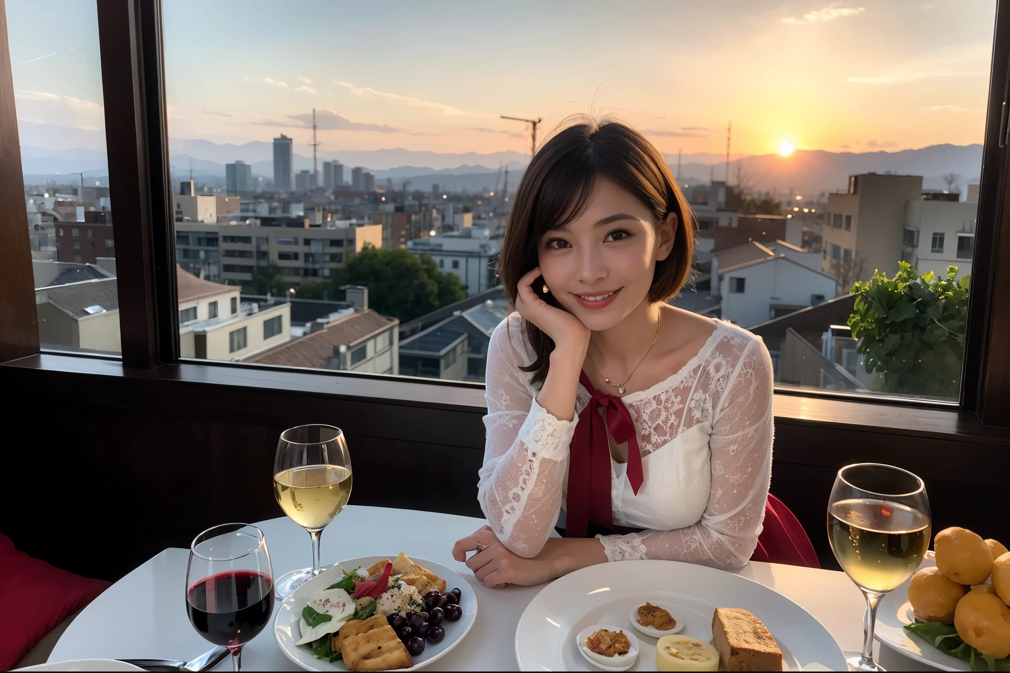 ((highest quality、8k、masterpiece:1.3))、 (Genuineistic, Genuine、Bright image、Intricate details:1.2), 最高のsmile 男性1人 女性1人、Beautiful couple、spouse、Engaged Couple、family、actress、model、smile、full-course dinner、 (Slim face), (the body is slim), (Brown Hair), (short hair), テーブルの上のwine glass、Please shine a light on my face、 Amazing view of the sunset sky and clouds、 (Age 37), 41 years old, red wine 、Appetizers、Wine bottle、sparkling wine、Long sleeve shirt、dress、White wine, red wine, wine glass, 