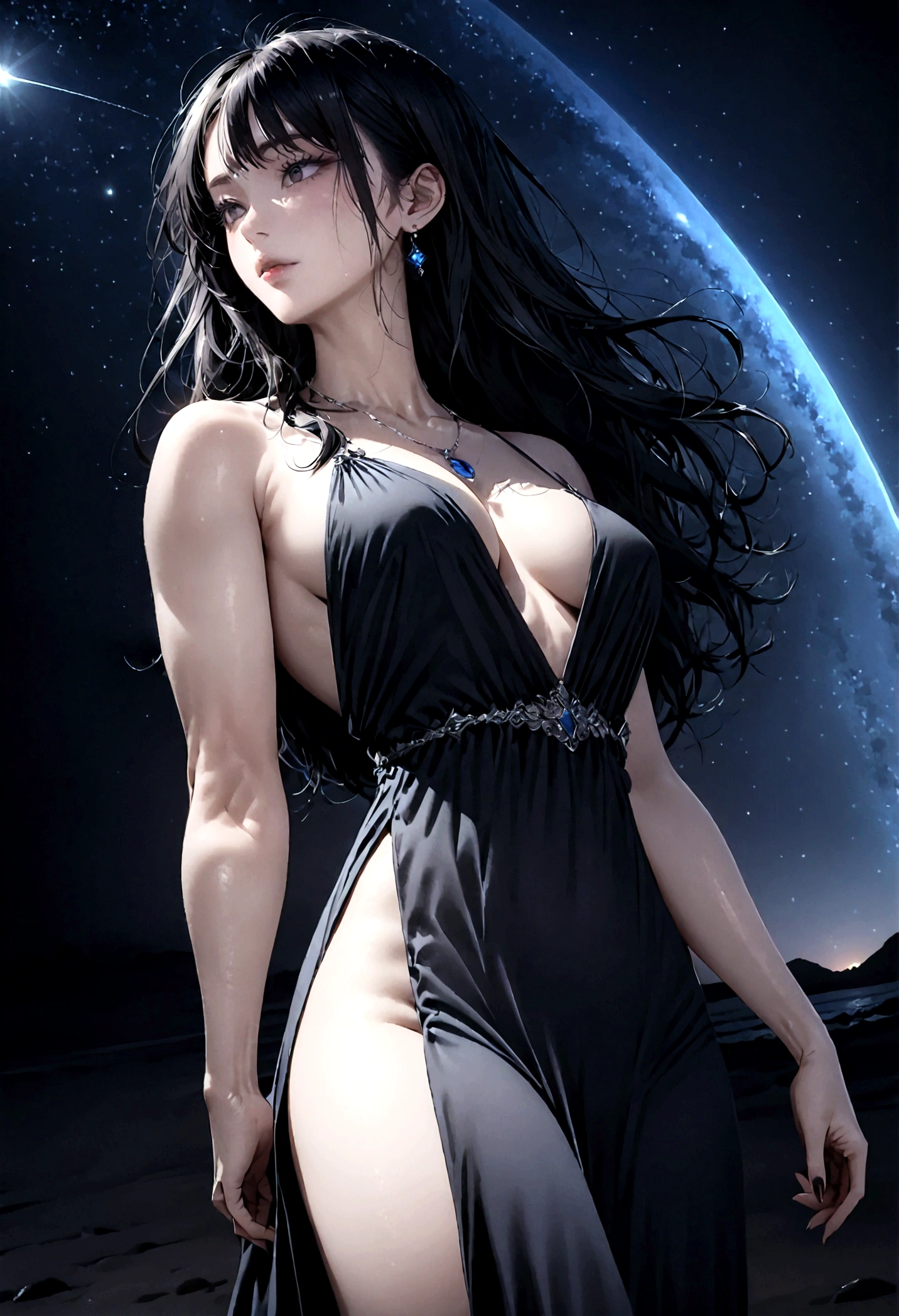 8k, masterpiece, RAW Photos, highest quality, Realistic, Very detailed, Depth of written boundary, Cinematic Light, Anatomically correct body,
An elegant beautiful mature woman, Very beautiful face, Exquisitely detailed face, (Goddess-like deity々Beautiful:1.4), Very sensitive skin, Transparent muscle, Shiny white skin, Glamorous Body,
(Wavy black long hair:1.2), Sexy Breasts, Sexy ass,
(Pure white slit long dress:1.4), (Detailed cloth texture:1.2), (Gorgeous necklace:1.1), (Gorgeous earrings:1.1),
(Dark starry background:1.4), (Milky Way:1.1), (milky way:1.1), (shooting star:1.1), (Dark coastline at night:1.4), (Pitch black sea surface:1.4),
(Low angle shot:1.8),