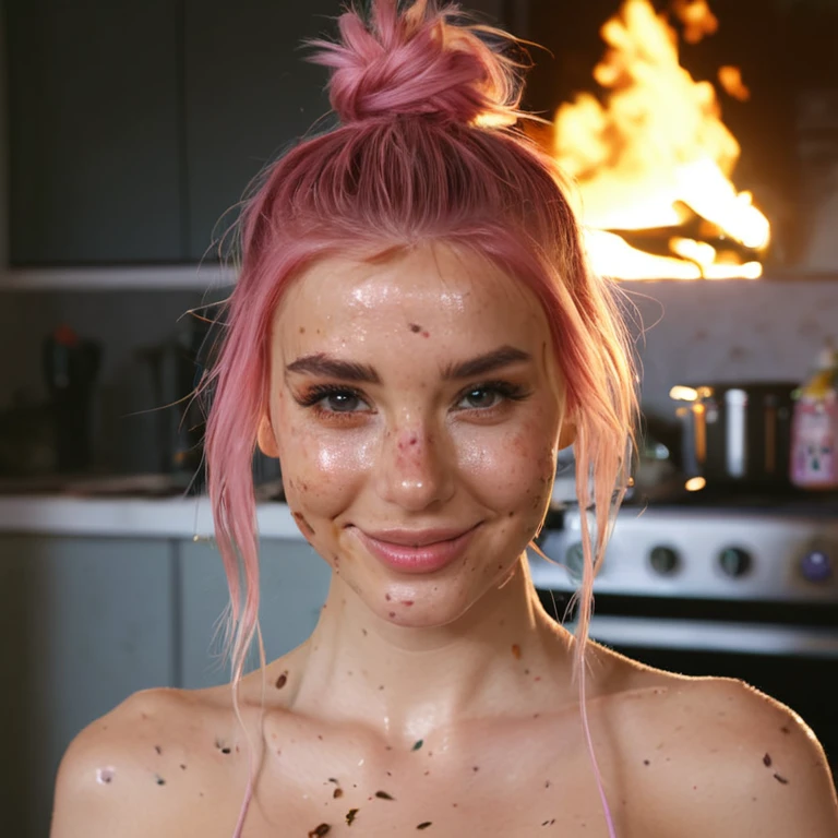 professional, masterpiece, 8k, ISO:100, 35mm, hyperrealistic portrait of a beautiful woman with light pink hair, (beautiful face: 2.0), messy hair, strands in face, hair in bun, full lips, detailed face, detailed skin, photography, hq, photorealistic, ((fire burning in kitchen background: 1.3)), low angle shot, , upper body, cinematic, soft lighting, afternoon light, light in eyes, (fake smile: 1.3), ((whole face full of food splatter: 1.0)), food explosion, burnt food, smokey room, ((food bits on face and body: 2.0)), (food pulp on hair and clothes: 1.0), girl on beach with bikini cool stylish vibe