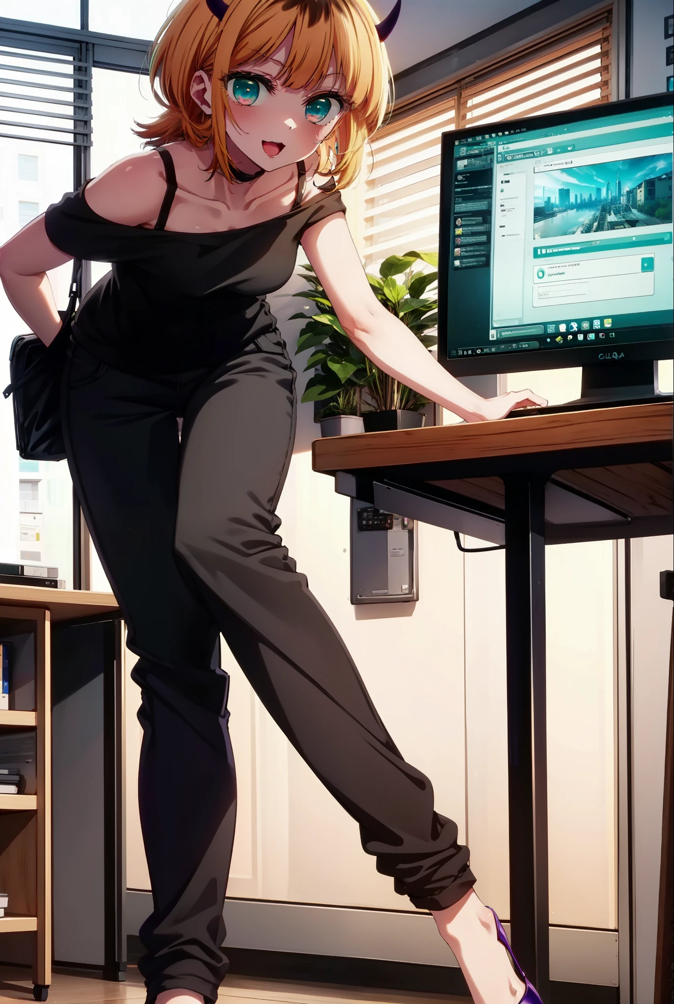memcho, memcho, Long Hair, Blonde Hair, Multicolored Hair, horn, bangs, Brown Hair, Black Hair, blunt bangs, Two-tone hair, (Aqua Eye:1.3), :3,happy smile, smile, Open your mouth,Black-rimmed glasses,
Cold shoulder tops,Short sleeve,skinny pants,Stiletto heels,There is a computer on the table,So that the whole body goes into the illustration,Chair,walking,Daytime,
Break indoors, office,
壊す looking at viewer, Systemic
break (masterpiece:1.2), highest quality, High resolution, unity 8k wallpaper, (figure:0.8), (Beautiful fine details:1.6), Highly detailed face, Perfect lighting, Highly detailed CG, (Perfect hands, Perfect Anatomy),