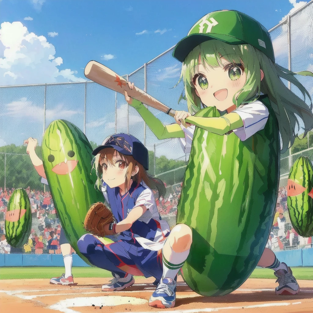 anime baseball players are playing baseball with pickless and a baseball bat, smile,Official Anime Artwork, trending on Pixiv, Official Art, high detailed Official Artwork, Official anime stills, pickles, the material is!!! watermelon!!!, Today's featured anime is still, popular on Pixiv, Pixiv, Official Fan Art, Pixiv contest winner, Casciato, Official Artwork, Cute artwork